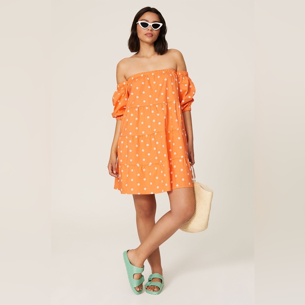 Color Me Courtney Orange Quinn Dress Off Shoulder Polka Dot Cotton size‎ large